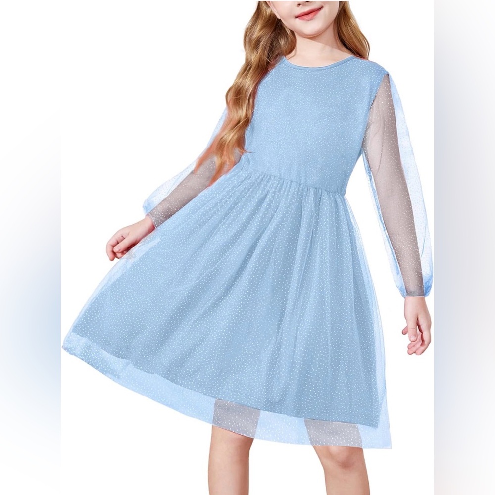 Blue Kids Dress with Sheer Sleeves